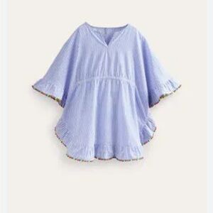 Mini Boden Pom Pom Kids Blue Striped Swimsuit Kaftan Dress sz 4-5